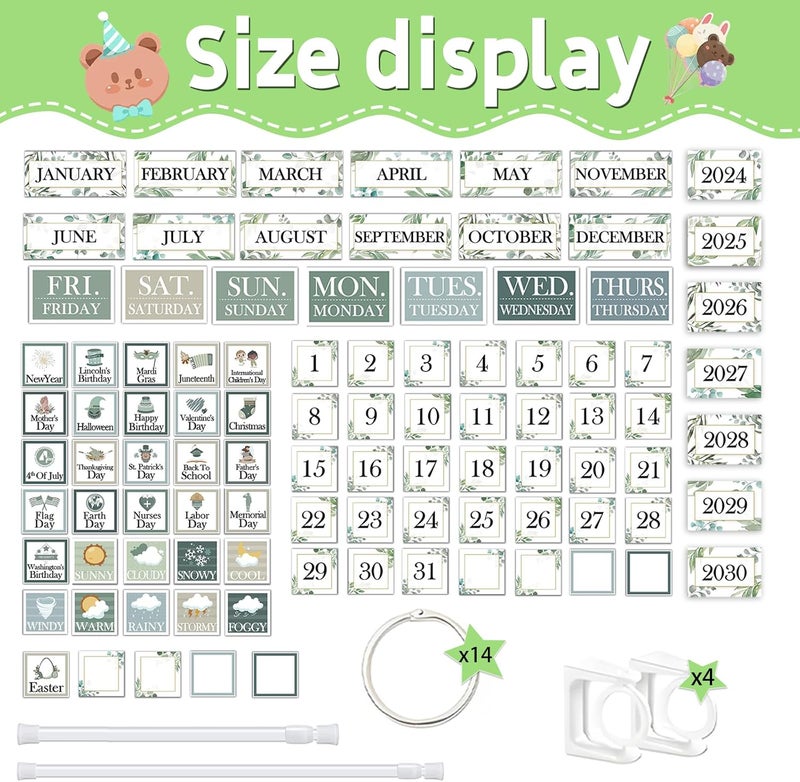 EggSun 96 Cards Classroom Bulletin Board Decorations Set for Teachers,Flip Calendar with Holder for Classroom,Adjustable Calendar,Preschool Elementary Home Decor Supplies（Greenery） - Image 2